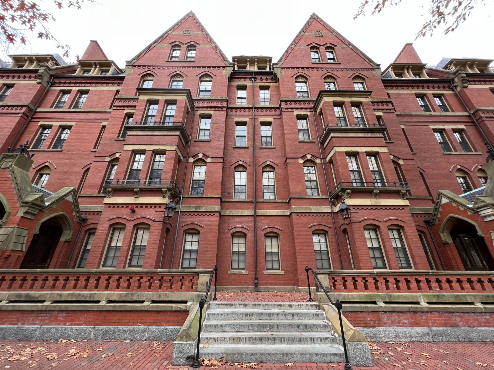 Upward view of a building in Harvard Yard